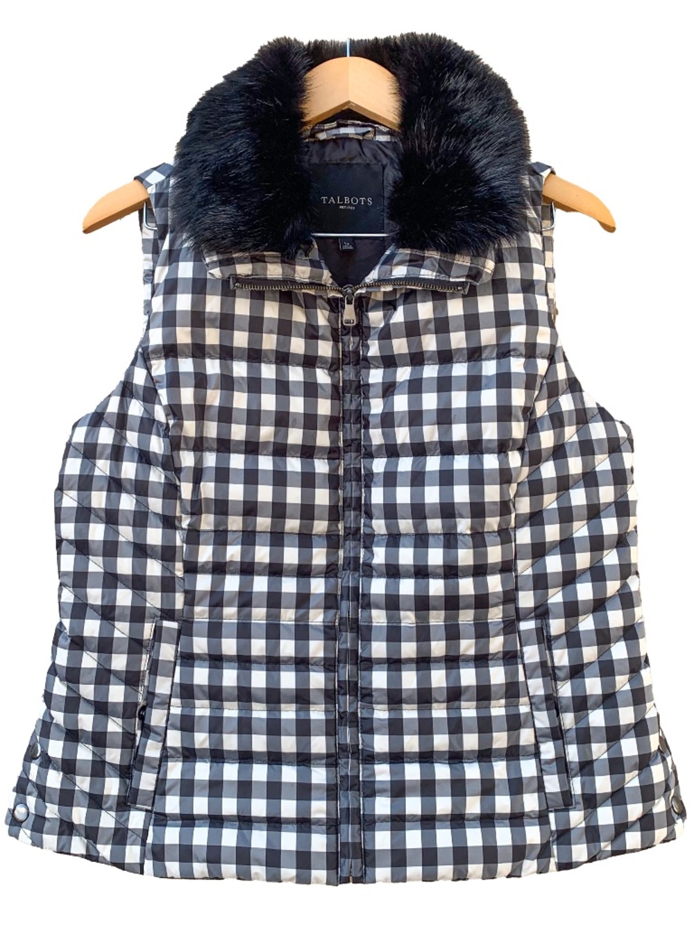 Talbots Women's Size Large Petite White Black Checkered Fur Quilted Vest